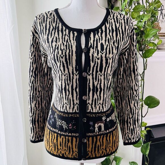 Ruby Cho Black & White Zebra Print Wool Blend Animal Embroidered Sweater Large - Picture 1 of 8